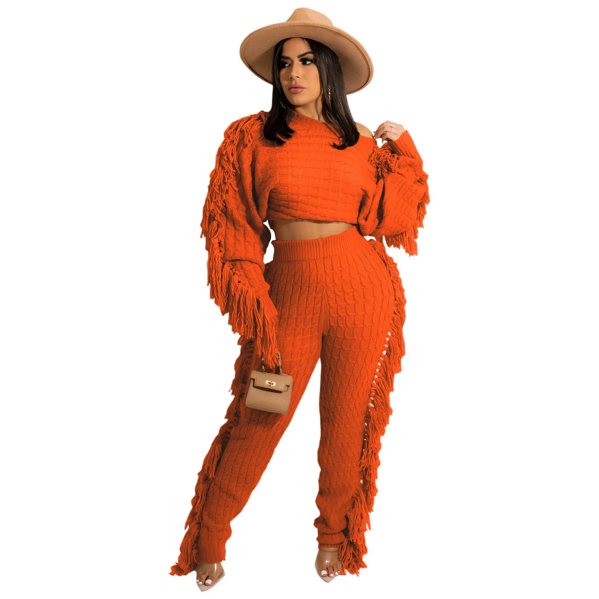 2022 New Arrivals Fashion Women Casual Long Sleeve Crop Slim Pants 2 Piece Set Side Tassel Knitted Suit