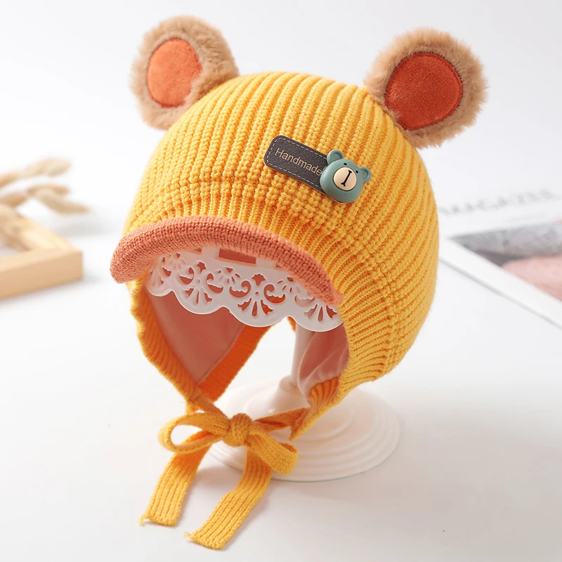 Осенне-зимняя теплая шапка с защитой ушей для новорожденных, вязаная шапка с милым медведем