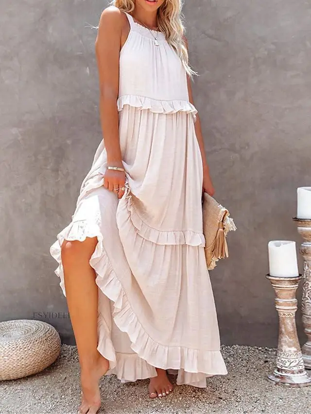 Best Selling Products Casual Summer Beach Sundress Women Halter Pockets Ruffle Long Maxi Cotton Linen Boho Dress