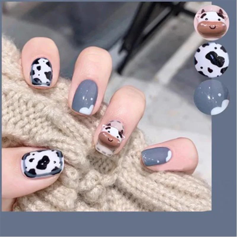 24pcs/set Sky White Cloud Butterfly Pattern Design Fake Nails Manufacturer False Nails Short Cow Print Press On Nails