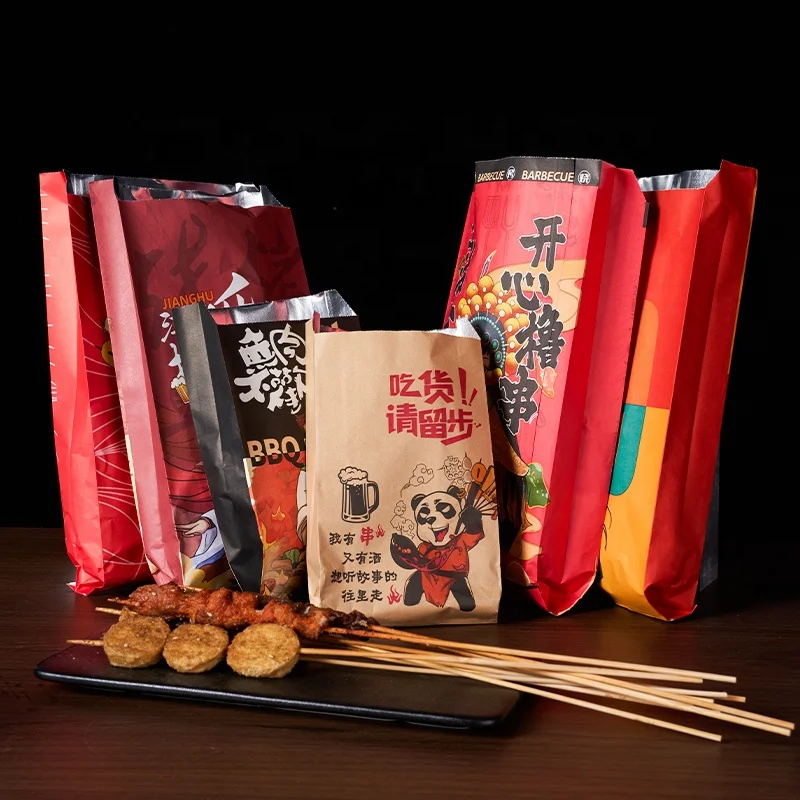 Custom Printed Aluminum Barbecue Foil Lined Paper Bag Disposable Bbq Food Take Away Packaging Delivery Kebab Bag For Food