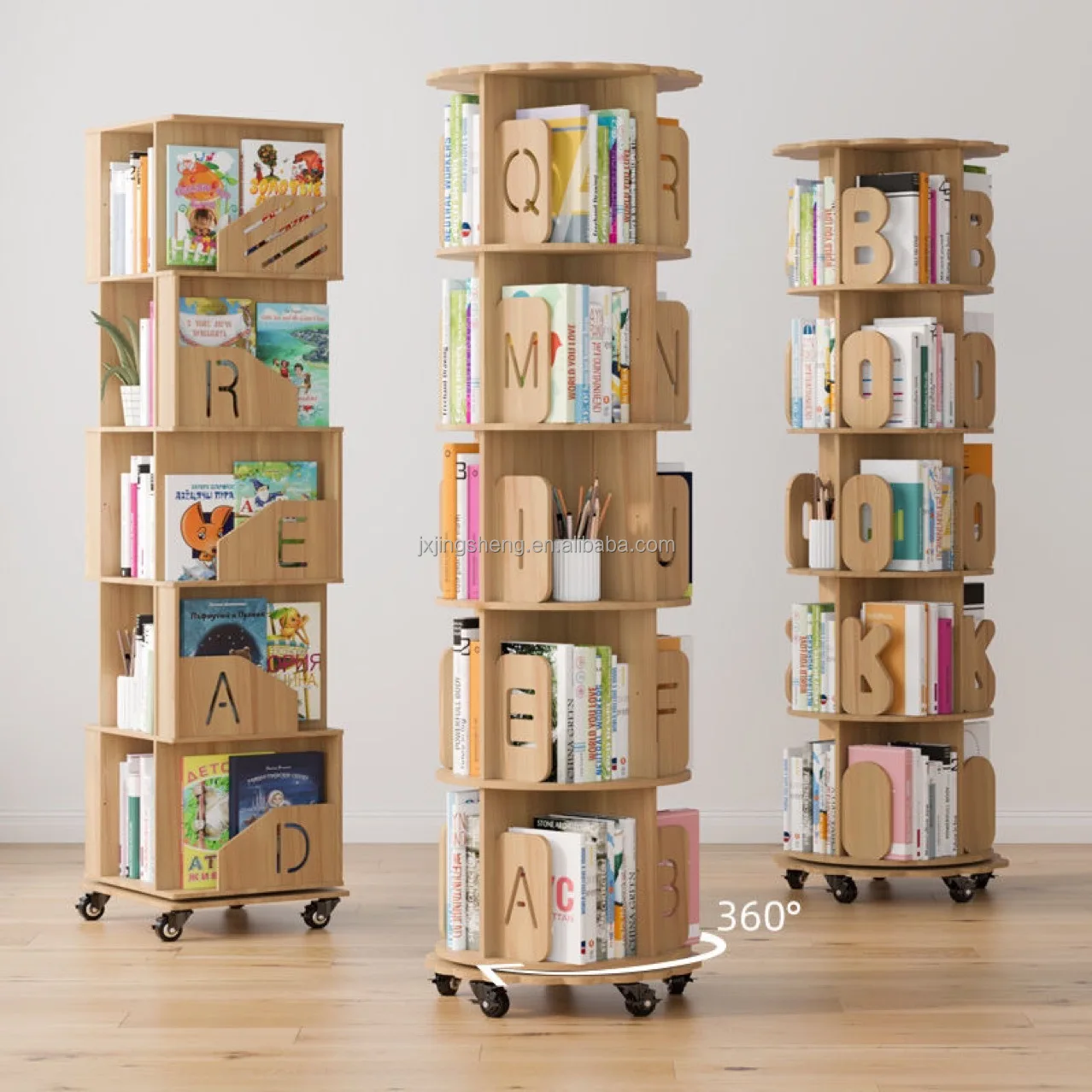 Solid wood rotating  bookshelf 360 degree movable bookshelf wall bookcase with wheel