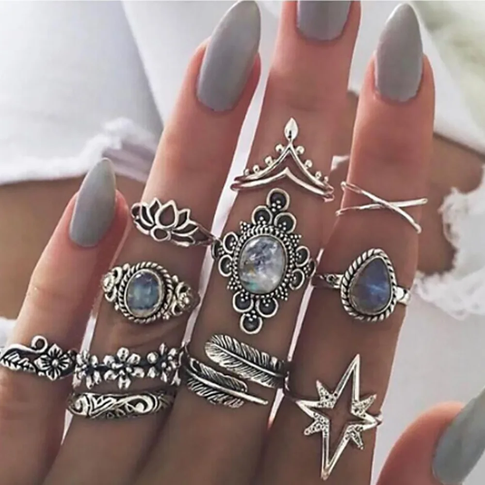 European and American 11pcs/set Antique Silver Arrow Elephant fox lion pony Pattern Carved Animal Geometric Gemstone Rings