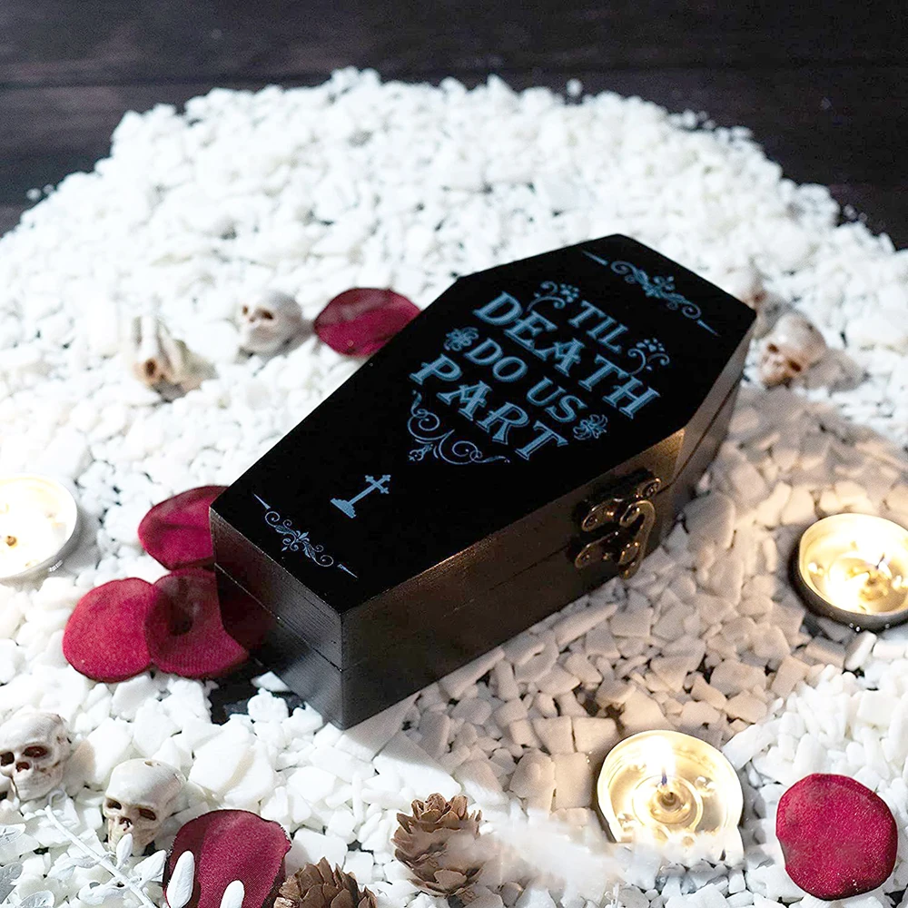 Creative Halloween Wedding box coffin shaped packaging wooden box Small Black Wood Coffin Ring Box