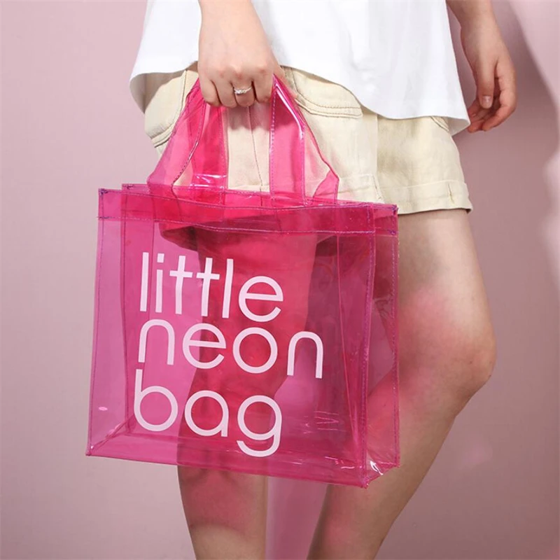 Fashion neon jelly color big waterproof clear transparent PVC purse beach tote bags for women handbags