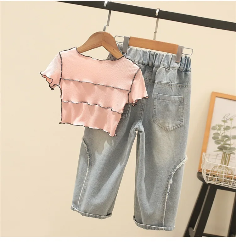 New fashion 2 Pcs girls clothing set short sleeve cartoon printed T-shirt + star jeans pants outfits for girls
