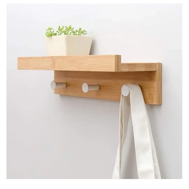 Hot sale home entray solid wood cloth wall shelf with hooks