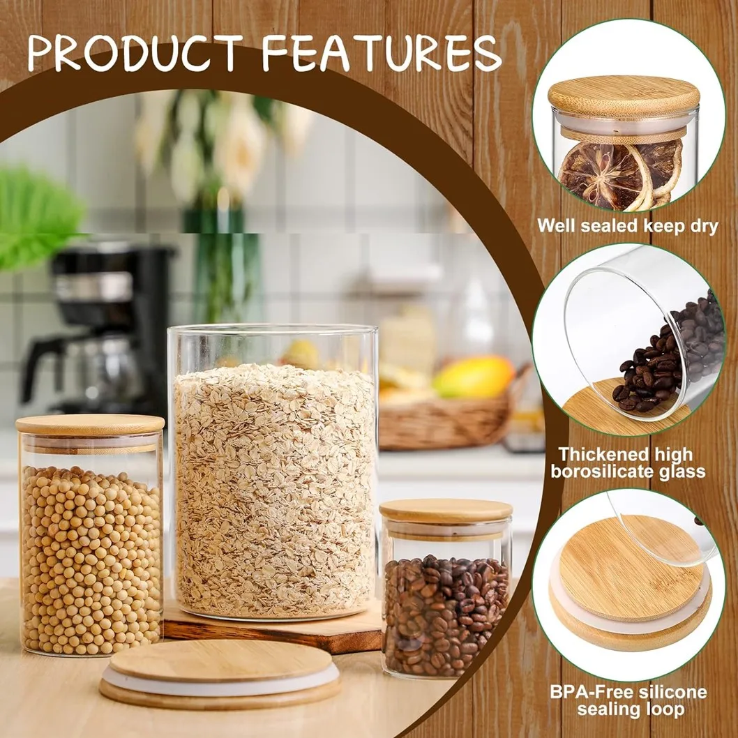 Large Capacity 3 Pack Straight Cylindrical Airtight Borocillicate Glass Storage Jar Container Canister with bamboo lid set