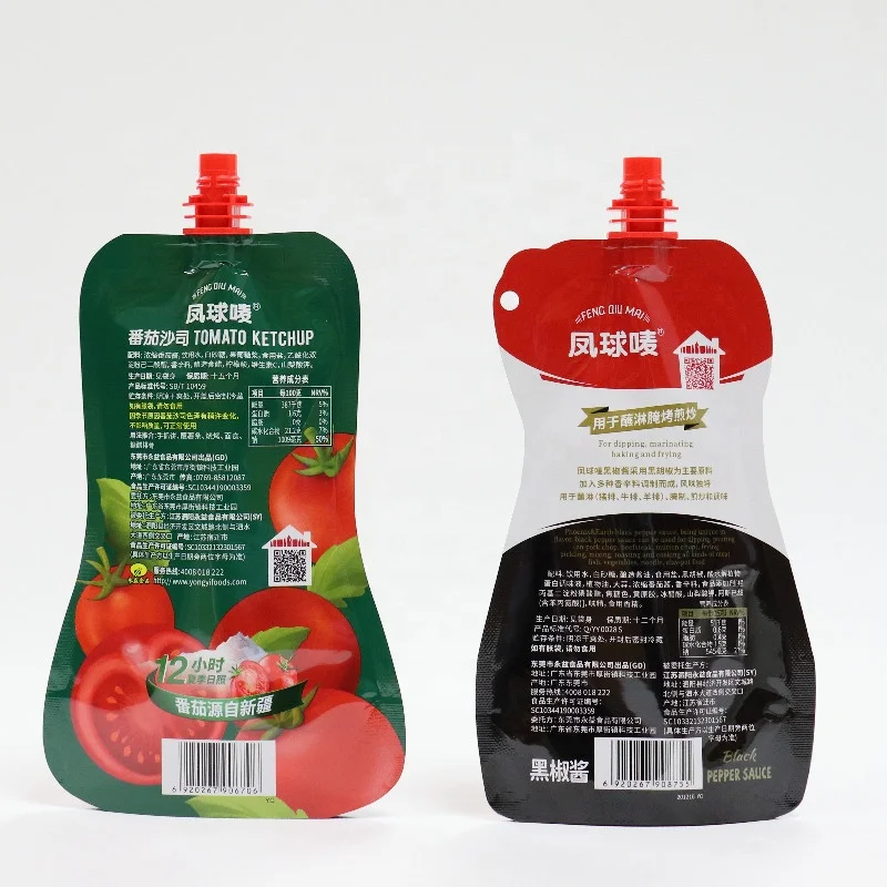Custom Printed Free Shape Stand Up Spout Pouch Ketchup Black Pepper Sauce Juice Food Top Spout Packaging Bag
