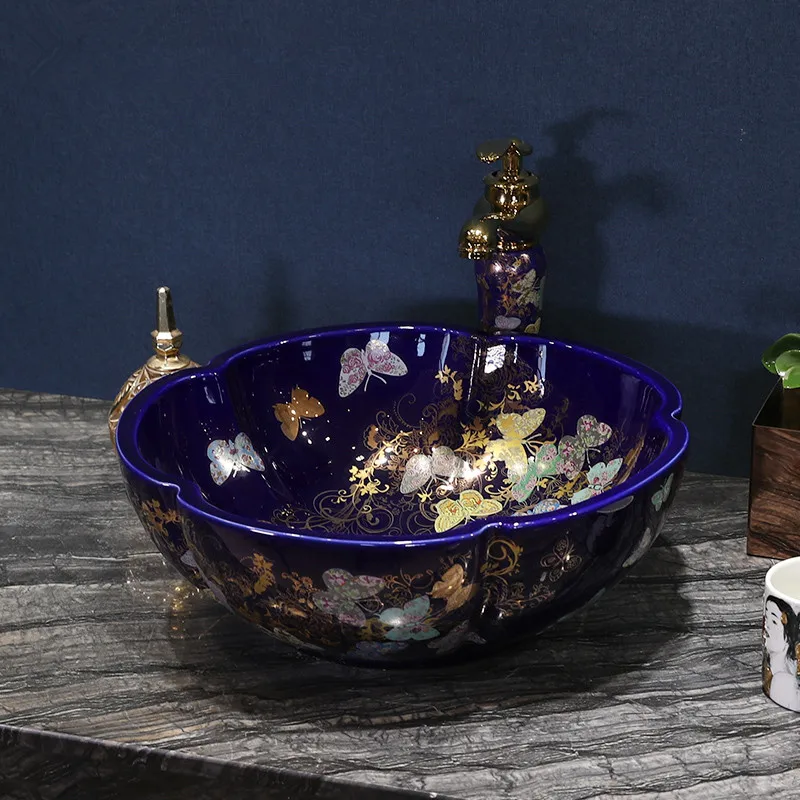 Flower Shape Butterfly Garden Pink Ceramic Vessel Sink with Gold Accents for a Touch of Luxury in Your Bathroom basin sinks