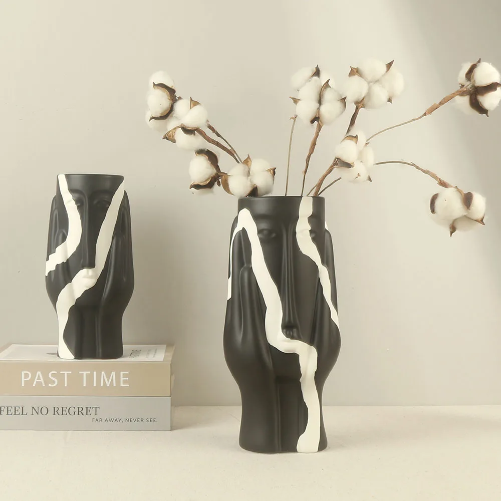 11 inch Rustic Old Antique Abstract Hands Human Face Hand Painted China Ceramic Flower Vases For Home Decors