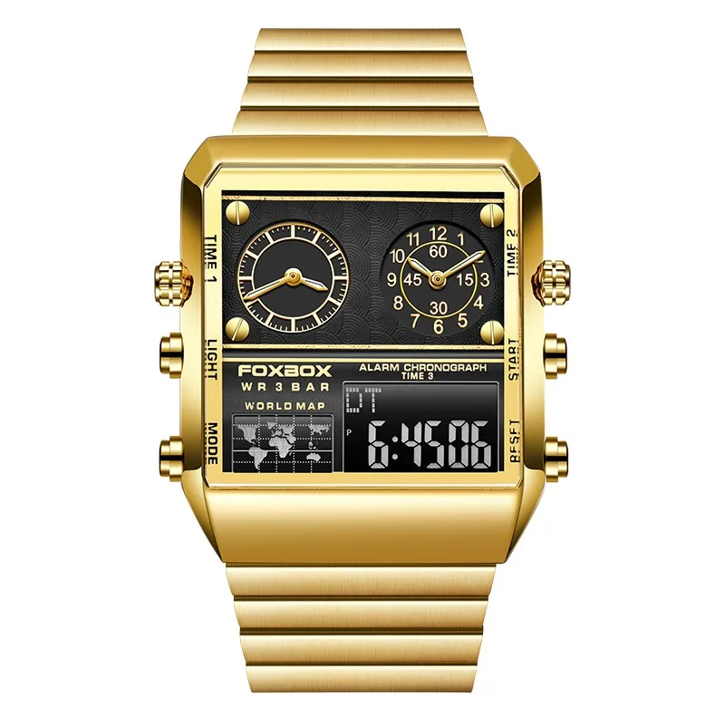 LIGE New Top Brand Fashion Square Digital Watches Waterproof Unique Golden Man Stainless Steel Wristband With Gift box