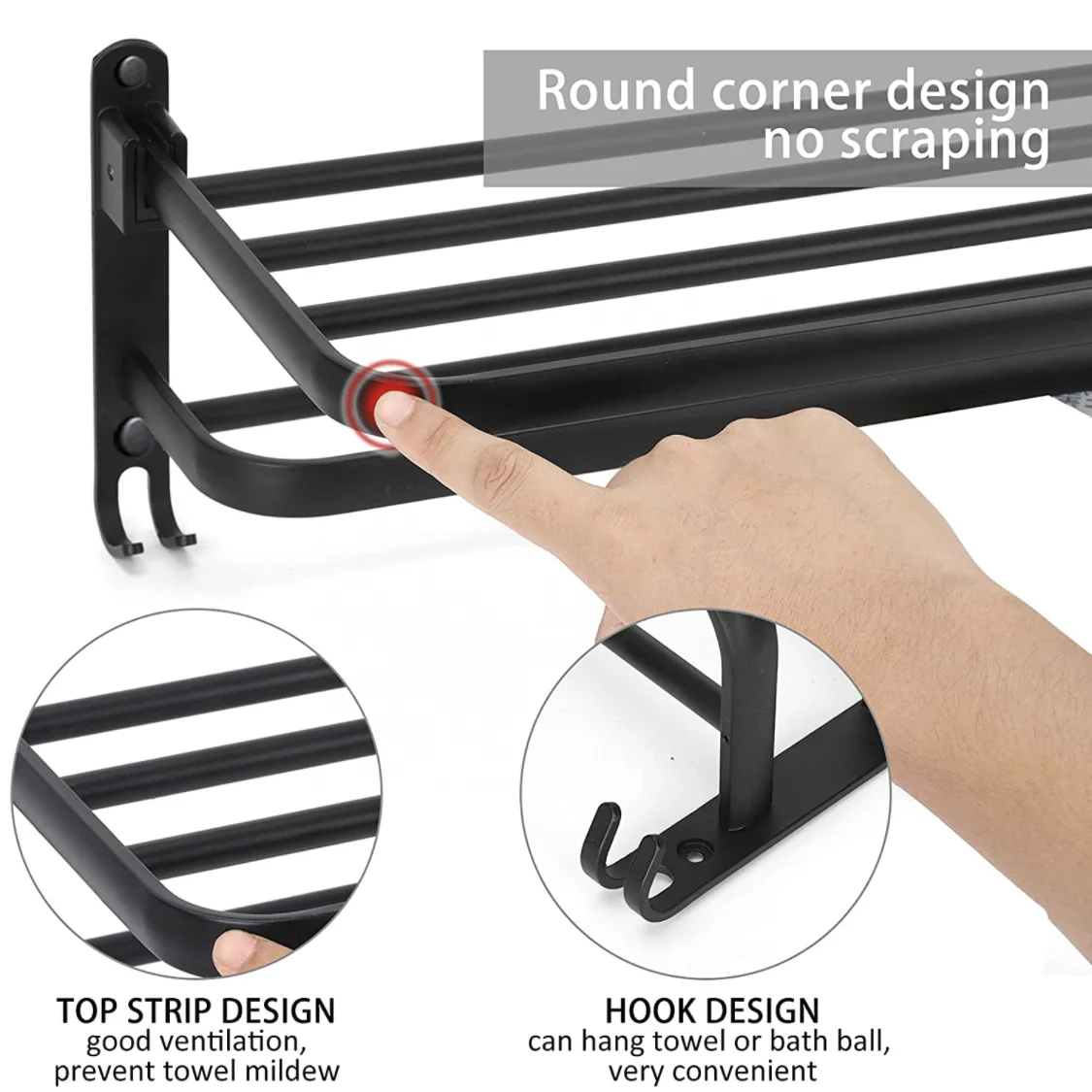 Wholesale Oem Factory Matte Black Aluminum Bathroom Rack Free Punch Towel Bar With Hook Foldable Towel Racks