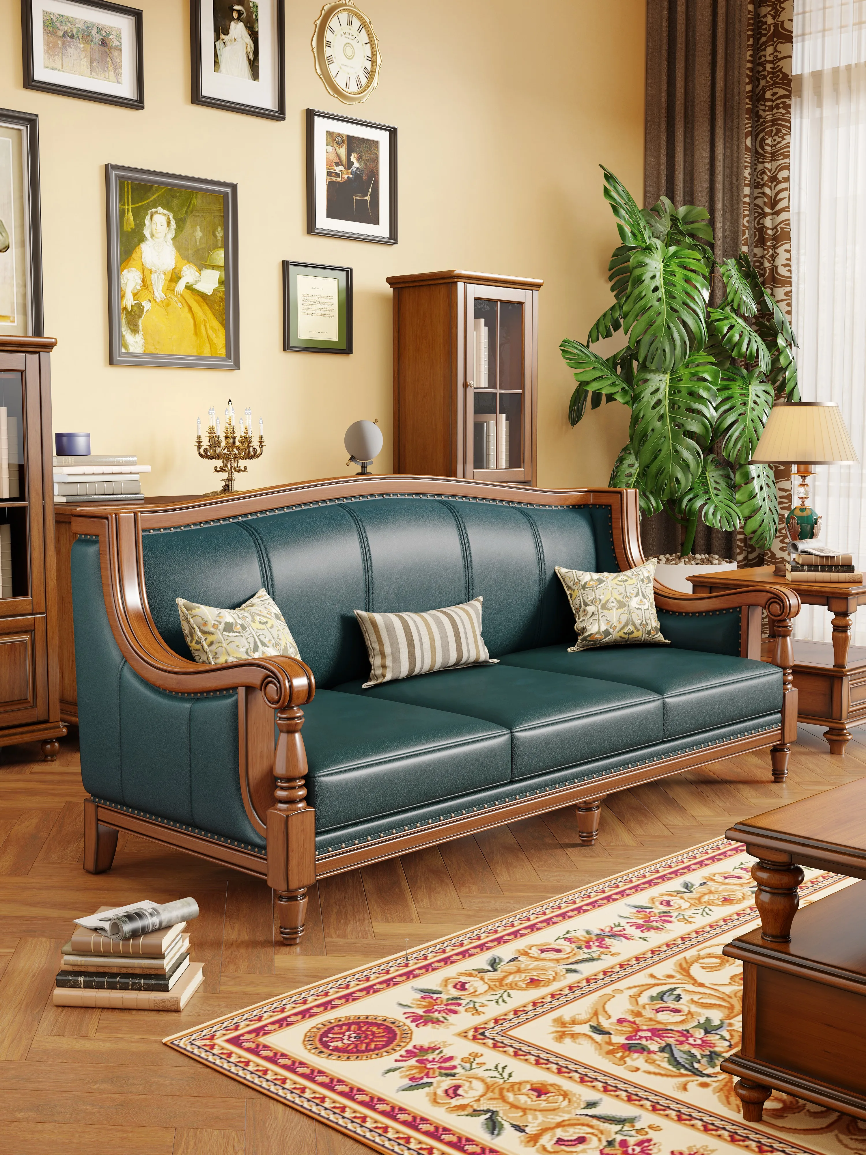 Solid Wood  1 2 3 Seater Sofa Set Antique American Living Room Furniture Top Grain Leather Sofa for Villa Home