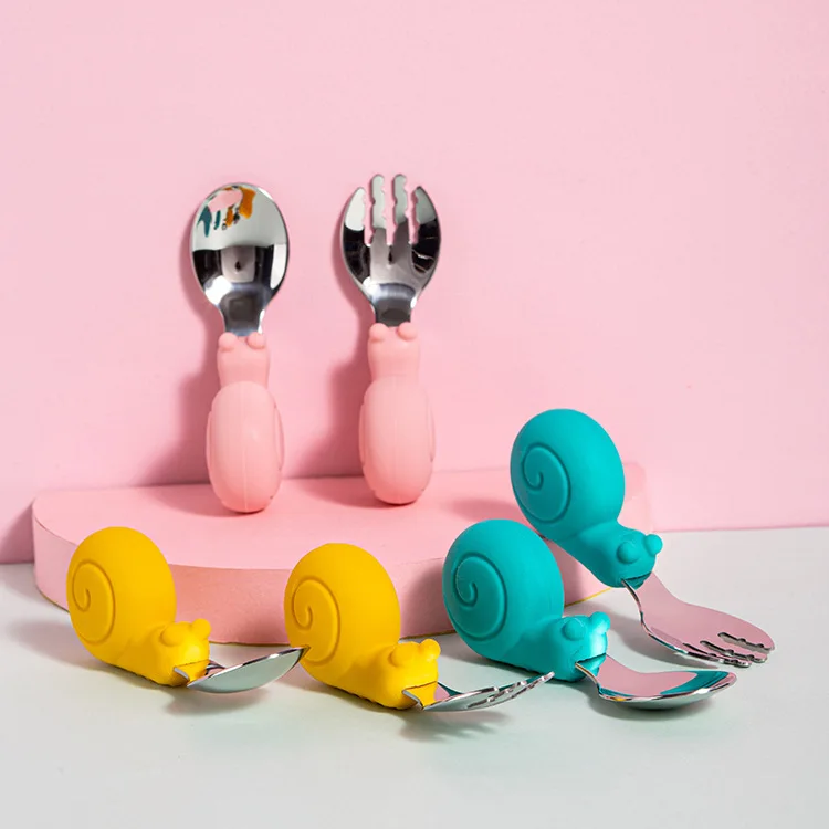 BPA FREE metal steel and silicone cartoon design snail spoon and fork for children
