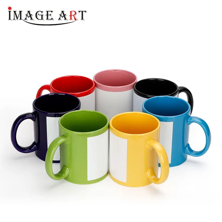 Colored sublimation blank mug with white printable square part for heat transfer printing