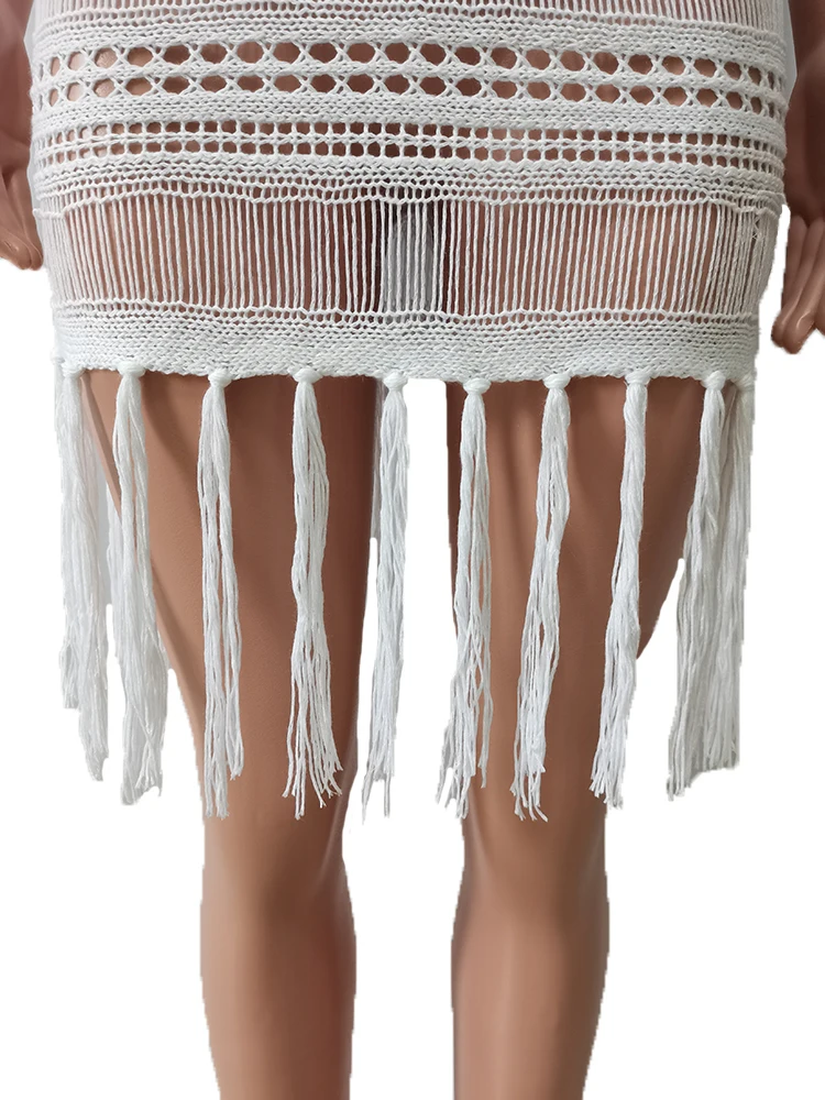 Women Summer 2022 Knit  Outer Beach  Dress Tassel Crochet Party Tassel Beach Dress Mesh Knit Coverups Dress
