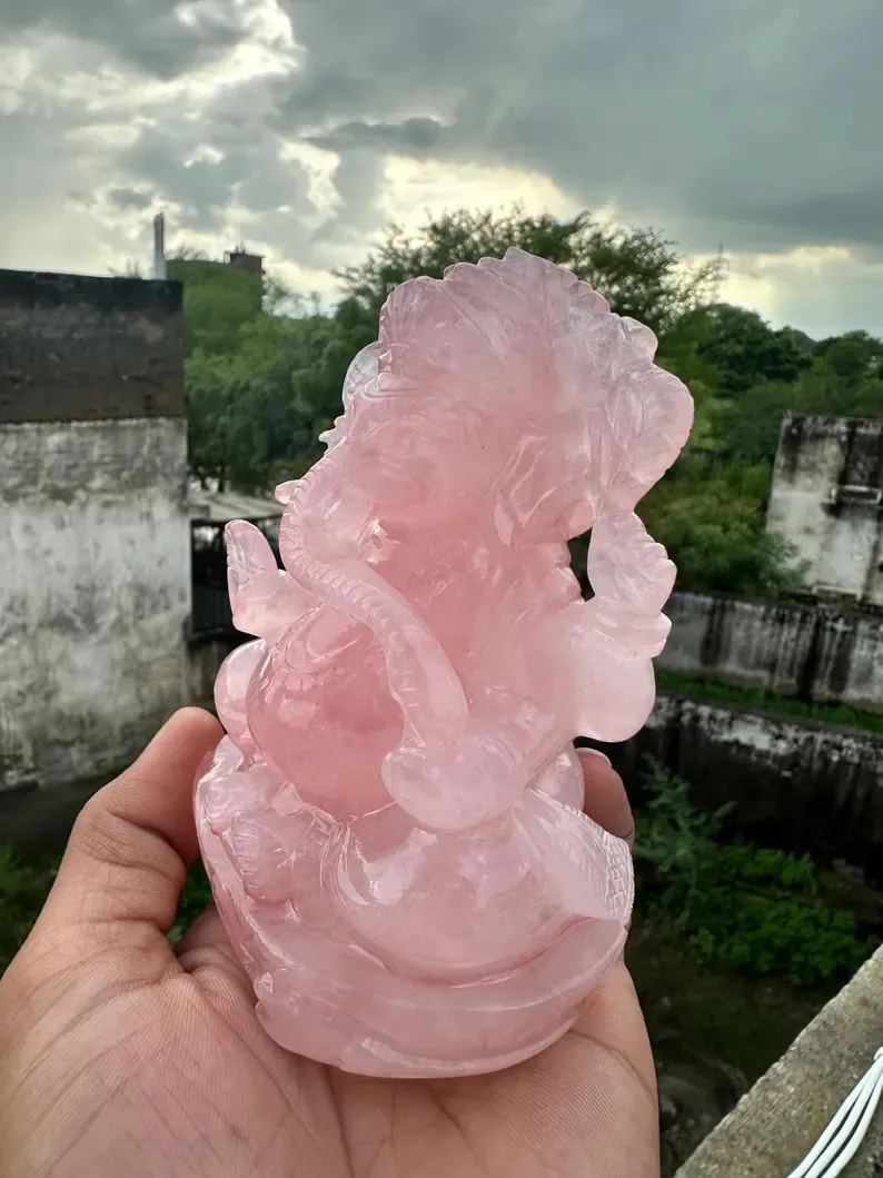 Exquisite Hand Carved GANESH Statue Natural Rose Quartz Gemstone Material Semi-Precious Stone Crafts Exquisite Craftsmanship