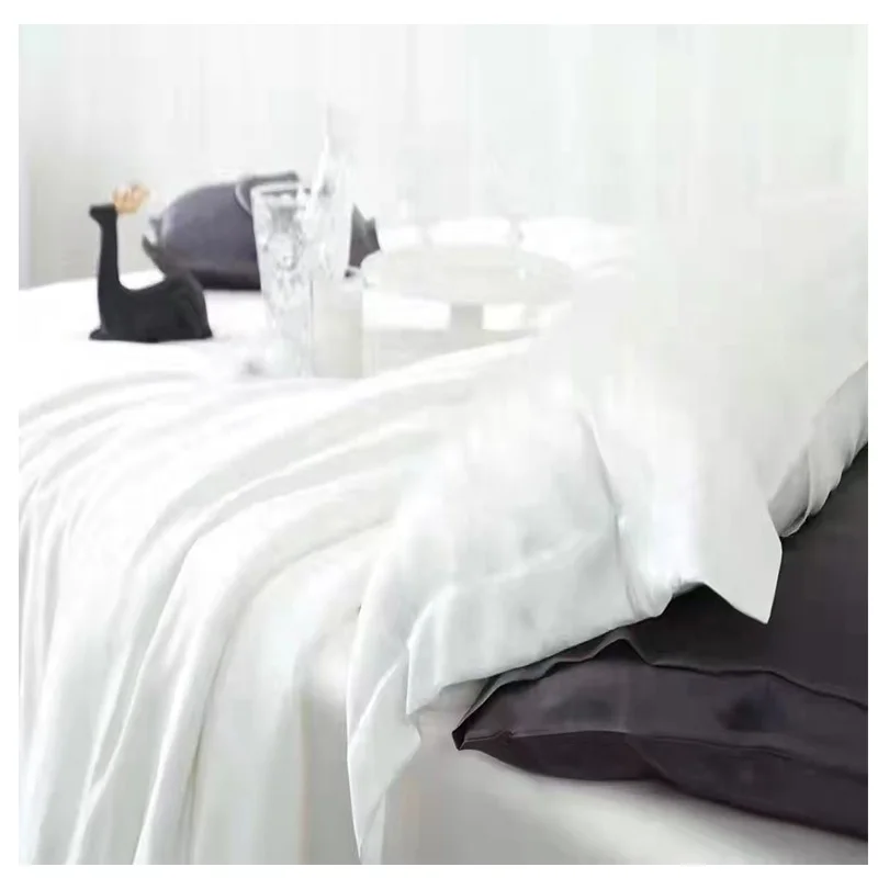 22mm silk satin bedding sets solid color King size fitted sheet 4 pcs off white Queen size bed sheet pillowcase for US market