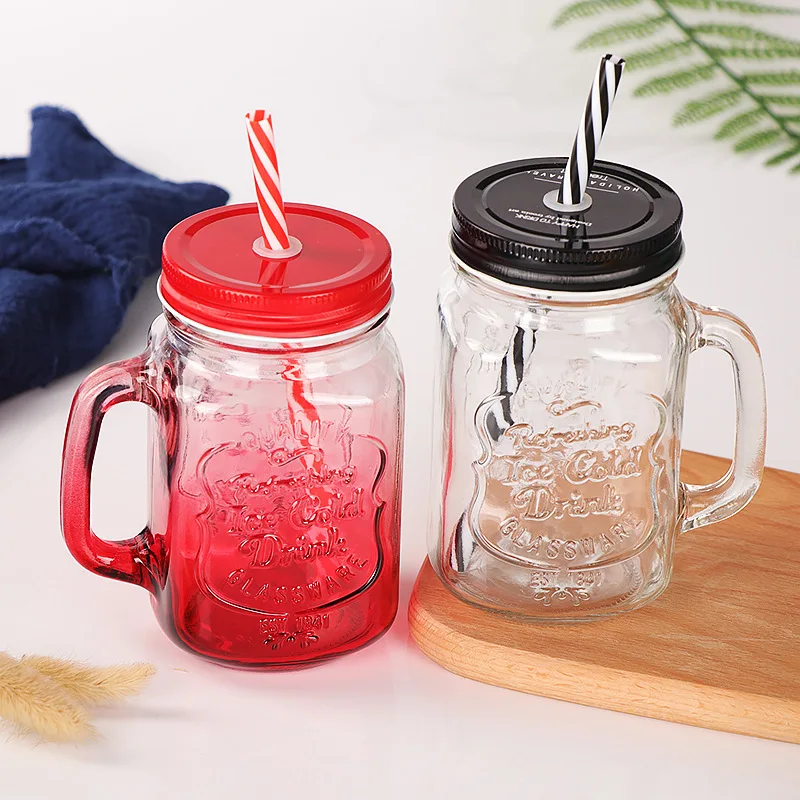 high quality colorful square 16oz glass mason jar with handles wholesale480ml juice mason jar with straw