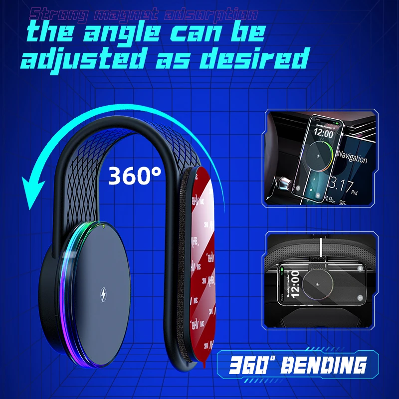 360 magnetic adjustable mobile wireless car charger mount bendable phone mount phone holder for charging