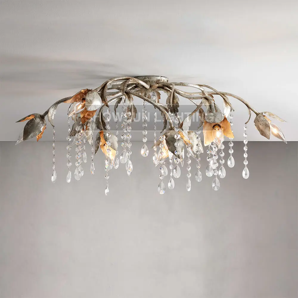 Medieval French retro silver flower flush mount chandelier living room bedroom American simple study restaurant ceiling lamp