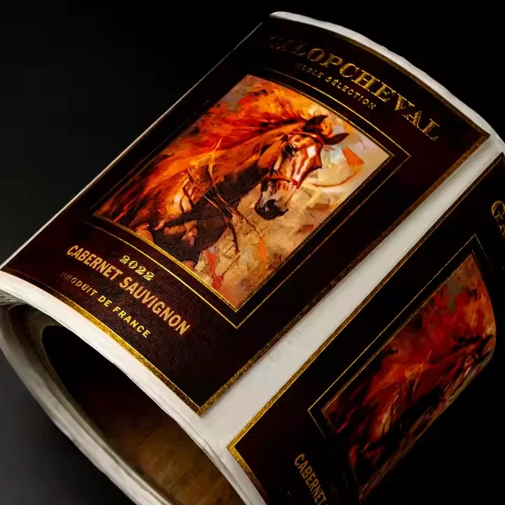 Luxury Embossed Rose Gold Foil Bottle Printing Labels for Custom Red Wine, Champagne, and Fancy Sparkling Water Packaging.
