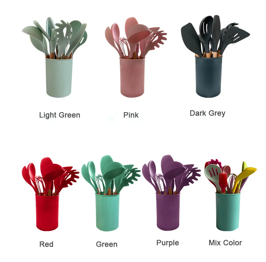 Factory Direct Price 12 PCS Silicone Kitchen Utensils Set Accessories Cooking Tool Set With Beech Wood Handle