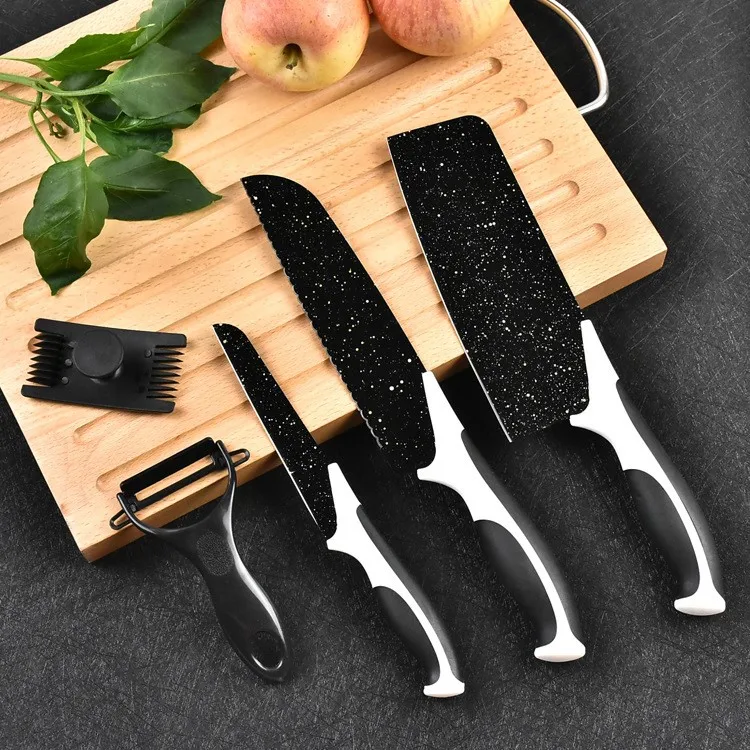 Multifunctional Kitchen Block Knife Set 5pcs Maifan Stone Coating Stainless Steel Christmas Luxury Space Valentine Minimalist