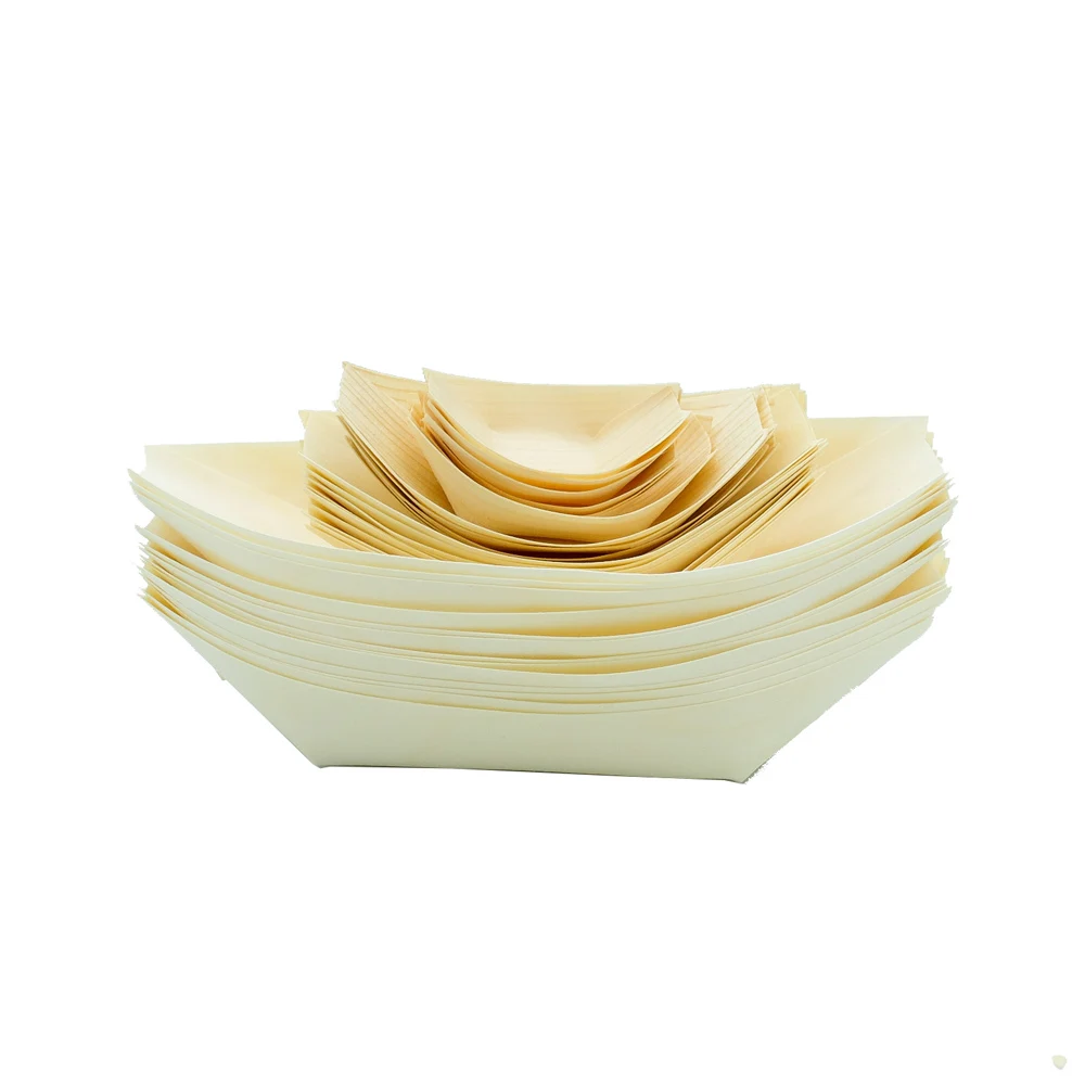 Chinese Hot Sale Decorative Customized Disposable Small Pine Wooden Serving Desserts Cake Sushi Bowl Boats for Food