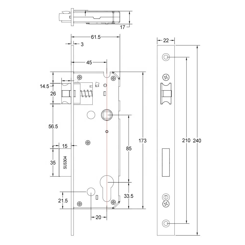 45 mm euro lock body door electric handle up deadlock glass door lock bodi