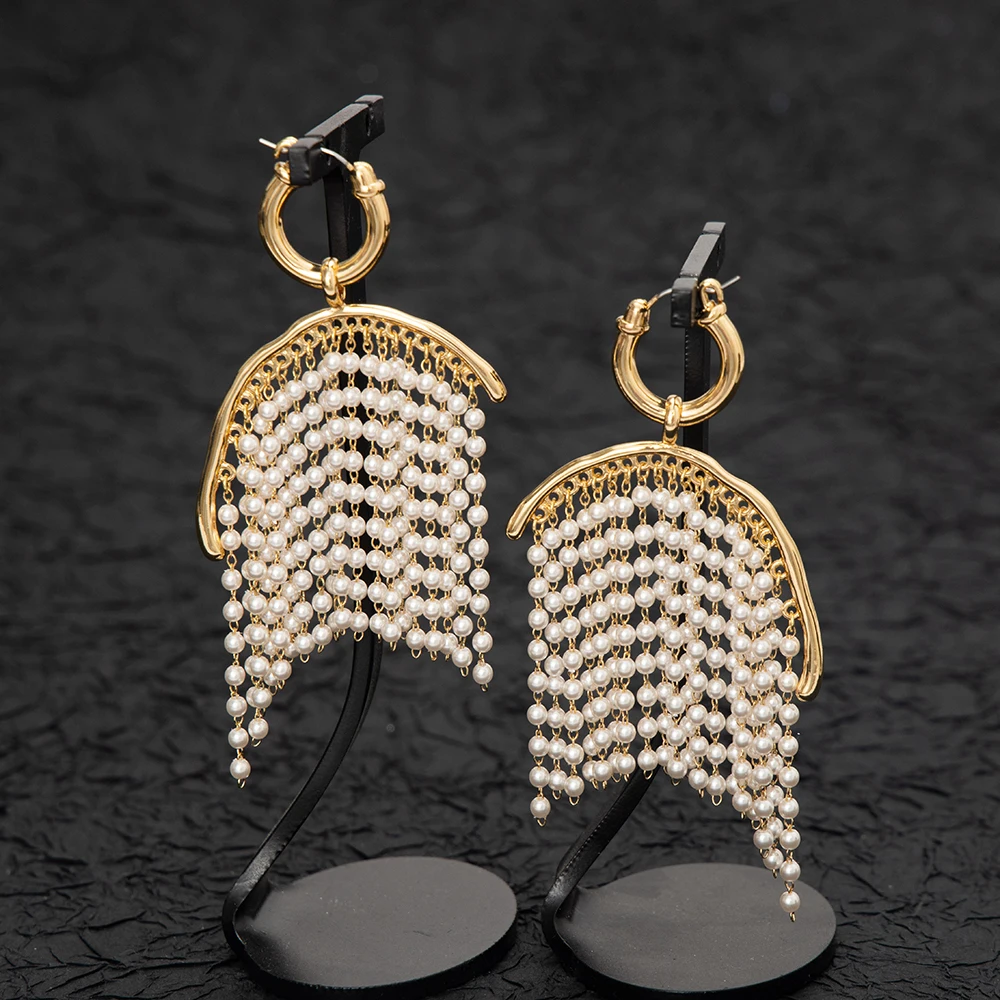 18k gold plated Elegant white pearl Bridal Chandelier Long Tassels Dangle hoop Earrings for Wedding Bride
