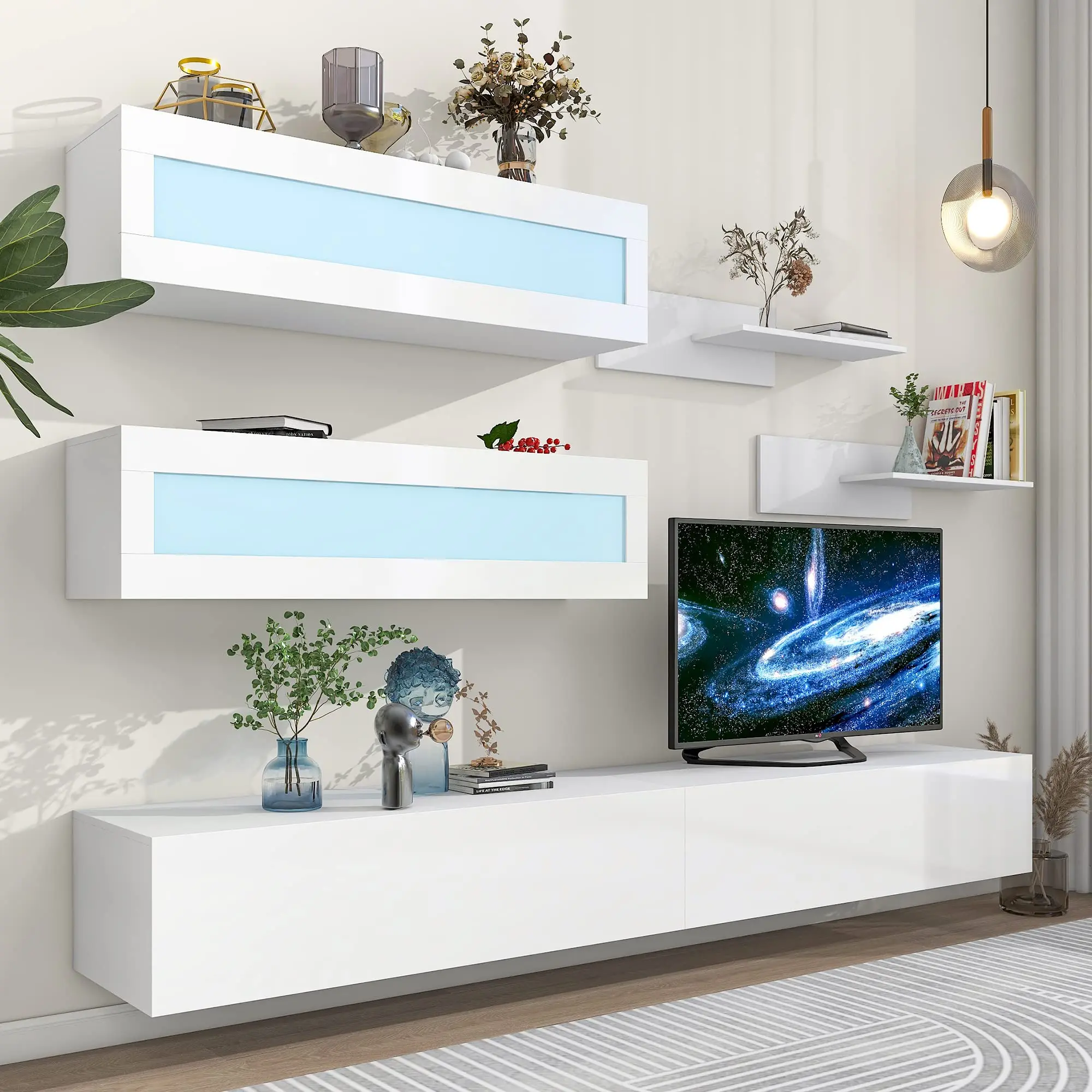 Modern Luxury Floating TV Stand Set High Gloss Wall Unit Entertainment Center with LED Lights Glass Panel for Living Room