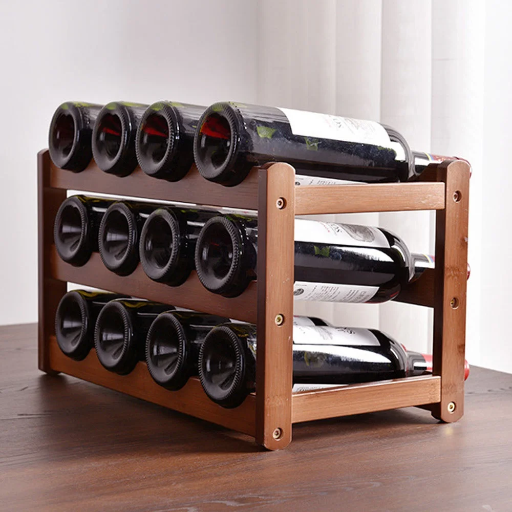 Free standing commercial wood bamboo storage shelf 2 tiers 6 bottle wooden wine racks