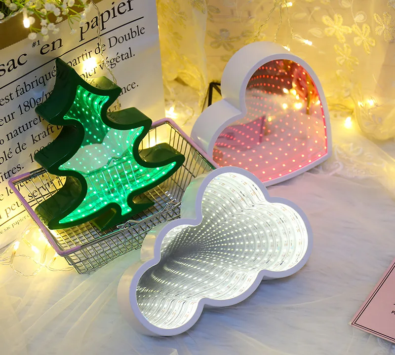 Питание от батареи, дерево, сердце, облако, звезда, ананас, колокольчик, светодиодная лампа, бесконечность, 3D зеркало, ночник, Декор