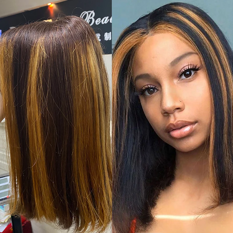 Short Bob Wig 8-14inch Highlight Human Hair 2 Tone Color Piano Honey Blonde Wig 180% Density U Part Straight Bob Wigs