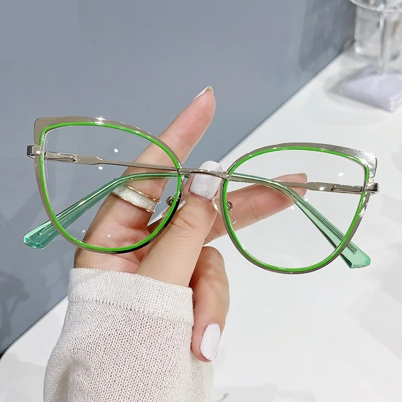 Hot sale eyeglasses frame Spring hinges Women Cat eye metal Fashion anti blue light blocking computer glasses