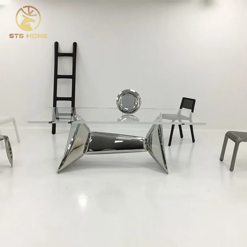 Modern  Creative design dining room table 10 seats stainless steel base acrylic top office table workroom table