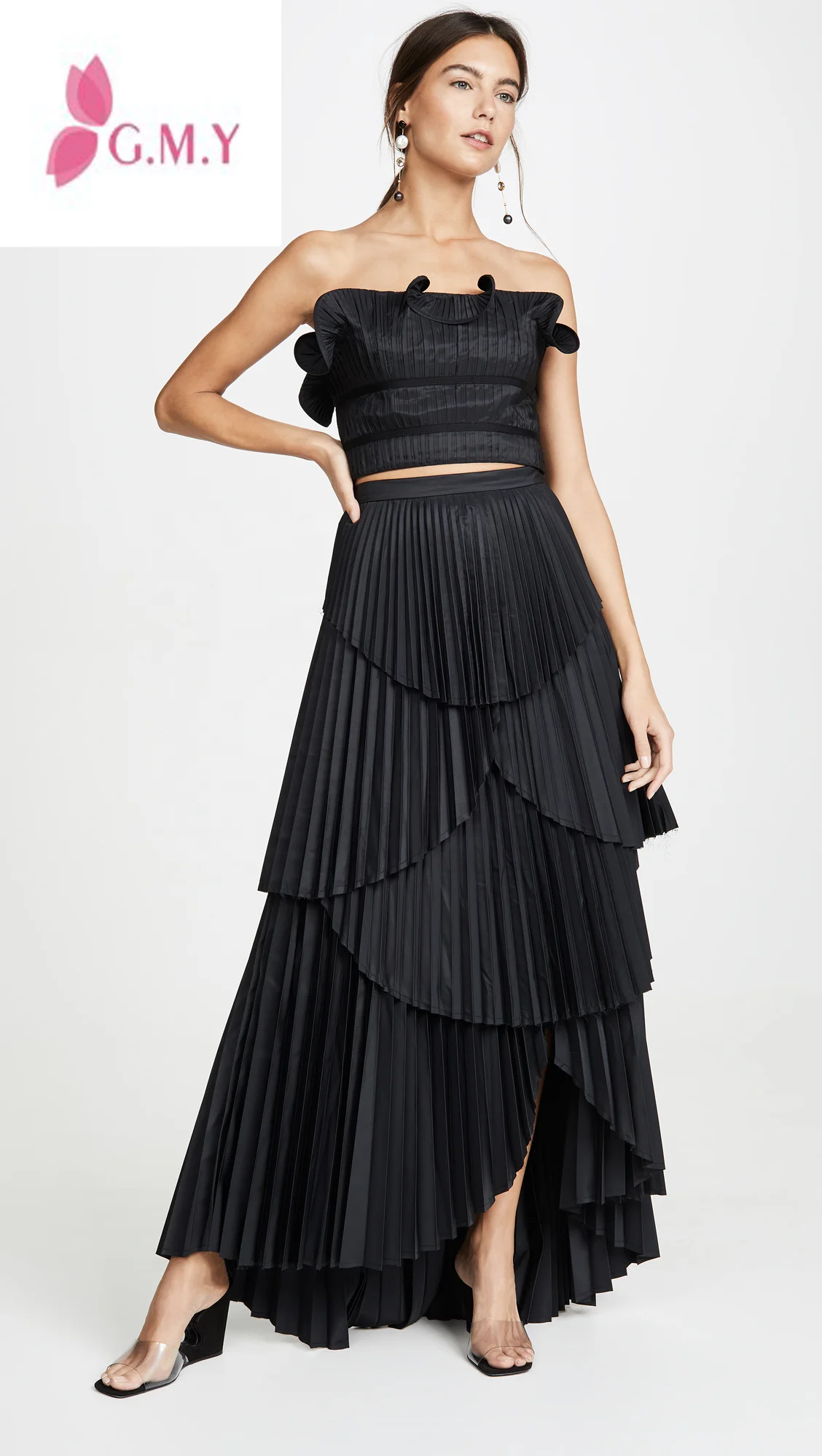 2020 Women Spring Casual Pattern Unique Design Black Accordion Pleats High Low Hem Side Hidden Zip Maxi Skirt