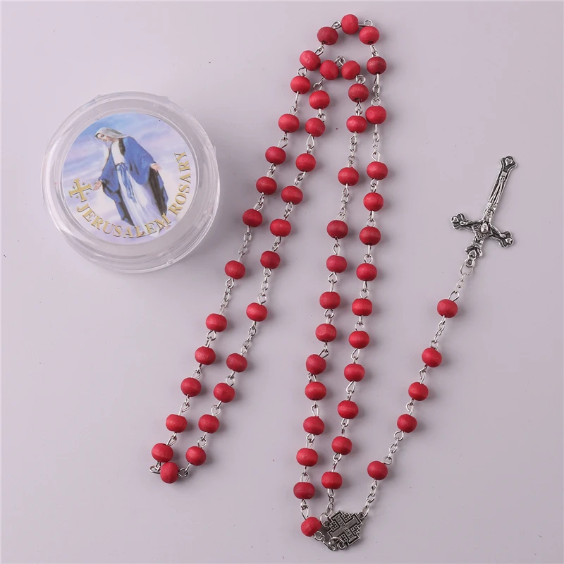 Religious Catholic Jewelry Charm Pendant Chain Necklaces 6mm Rose Scented Red Wooden Beads Rosary with Virgin Mary Box