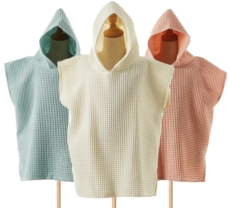 Big Hood Outdoor Change Robe Four Seasons Baby Bath Wearable Towel 100% Waffle Cotton Kids Soft Short Sleeve Beach Poncho Towel
