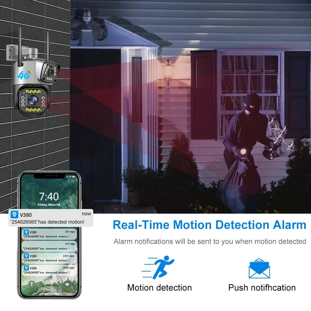 V380 Pro 4MP 4G CCTV Security Ip Camera Outdoor Waterproof Dual Lens Network Camera with Motion Detection Cloud Storage