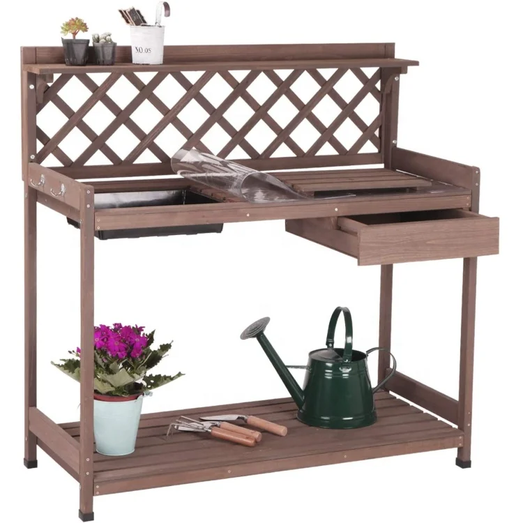 Jaalex Wooden Garden Potting Bench Outdoor 2 Tier Garden Planting Work Bench With Storage And Draw