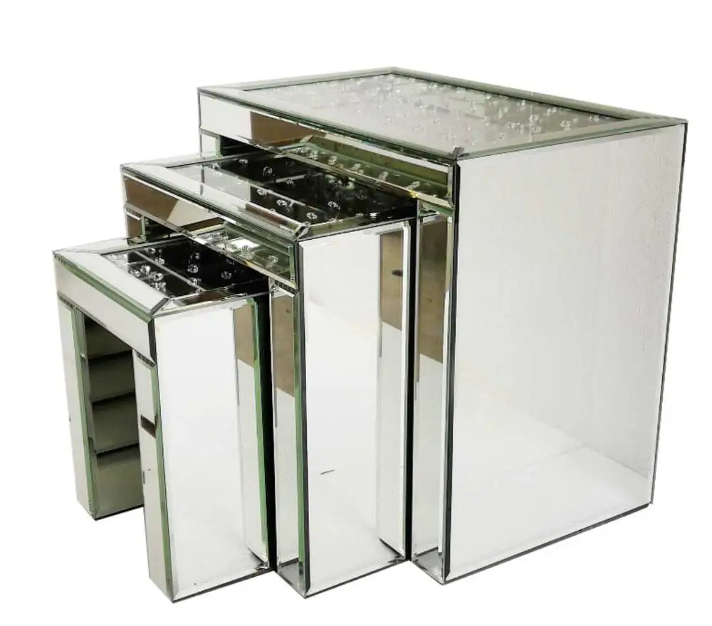 Modern Luxury 3 Sets Mirrored Floating Shinny Crystal Nesting Table End Table Side Table For Home Hotel Furniture