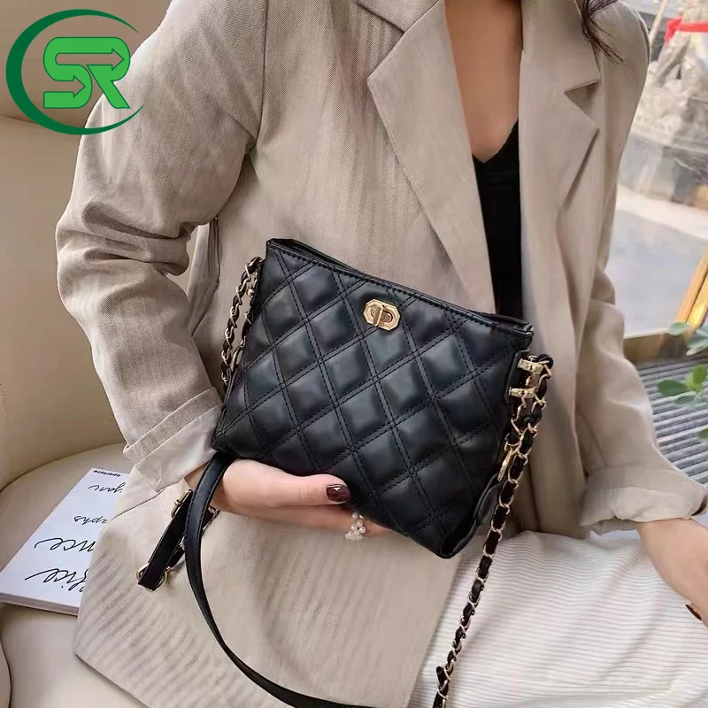 100% Genuine Leather Trendy Korean Chain Metal Lock Solid Color Crossbody Shoulder Bags Quilted Rhombus Ladies Handbag Dropship