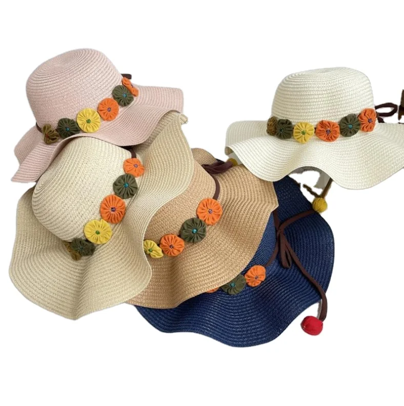 Parent child large eaves wavy edge flower straw hat seaside sun protection beach cap  fresh mother and daughter travel sun hat