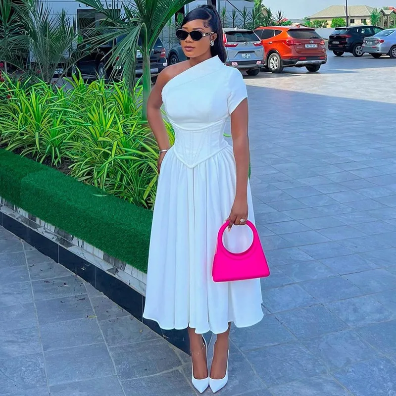 HANOU Spring 2024 New Trendy Diagonal Neck Short Sleeve Waist Slim Mid Length Dress Solid One Shoulder Casual Dress