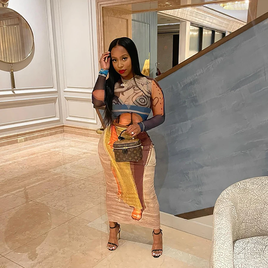 K22S21829 Printed Mesh Shirt Match Midi Skirt 2 Pieces Outfit Party Clubwear Women Two Piece set