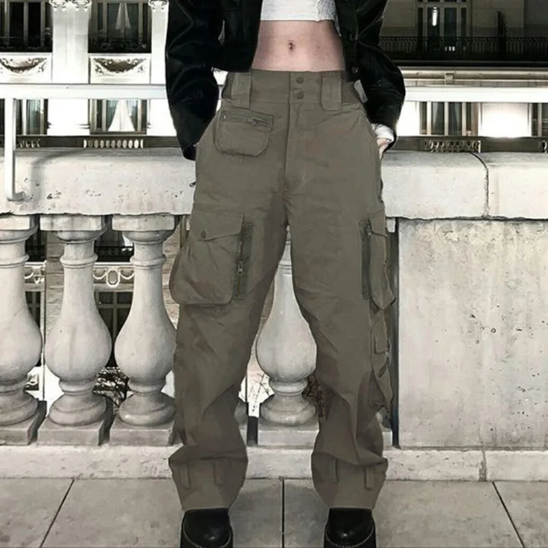 Streetwear Double Buttons Girls Womens Army Green Denim Jeans Loose Fit Baggy Cargo Trousers with Pockets