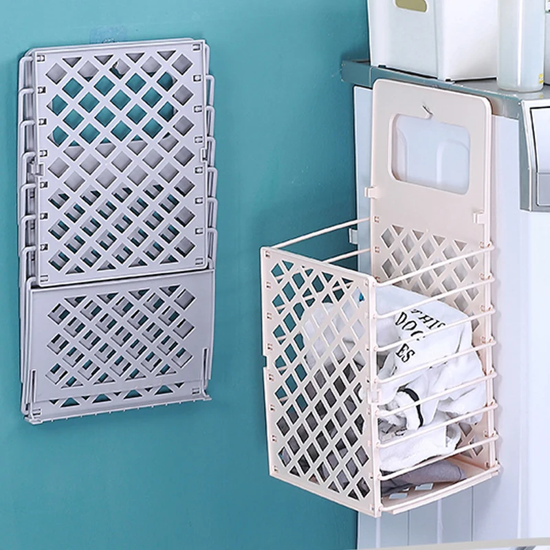 Wall-mounted Foldable Dirty Clothes Storage Container Hamper Plastic Collapsible Laundry Baskets
